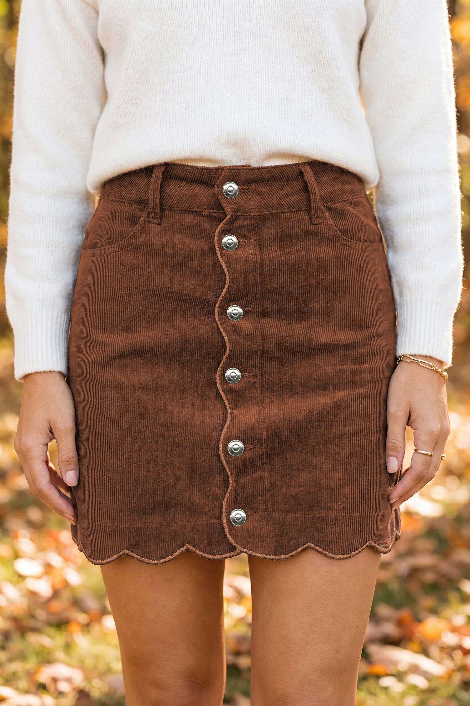 Coffee Button Front Corduroy Mini Pockets Sheath Silhouette Skirt 🇺🇸