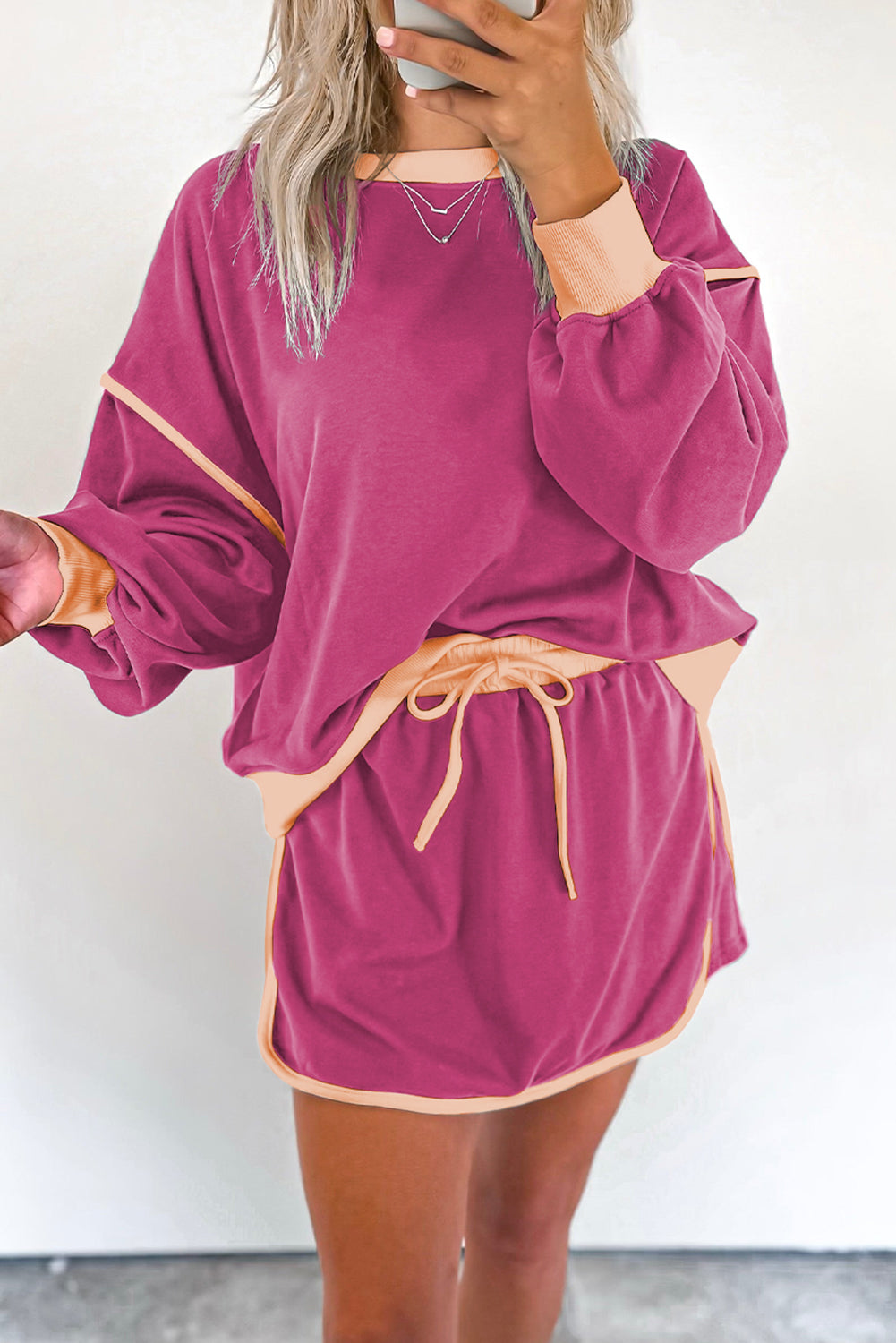Rose Red Color Contrast Loose Pullover and Lace-up Waist Skort Set 🇨🇳