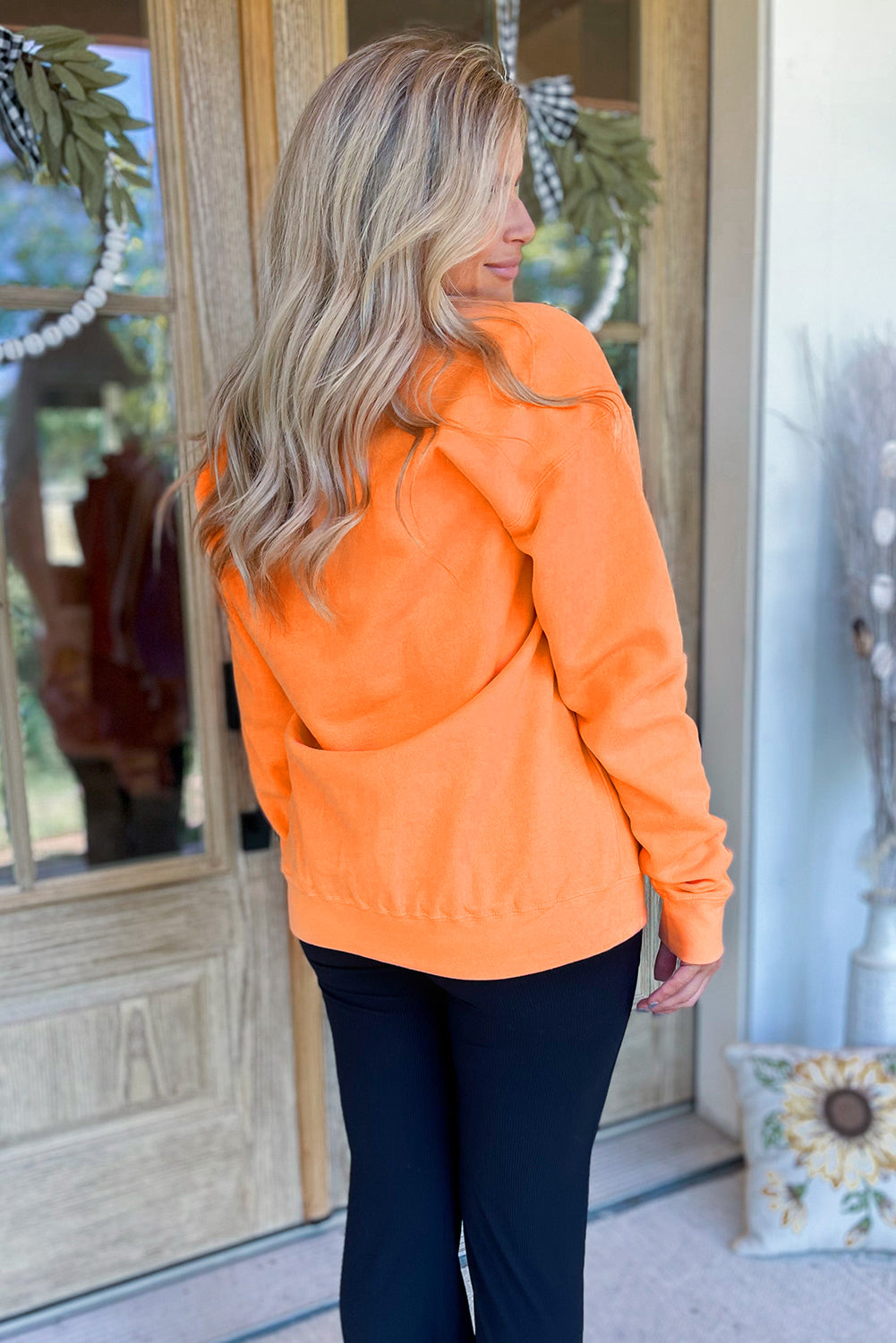 Grapefruit Orange Spooky Graphic Halloween Crew Neck Holiday Sweatshirt 🇺🇸