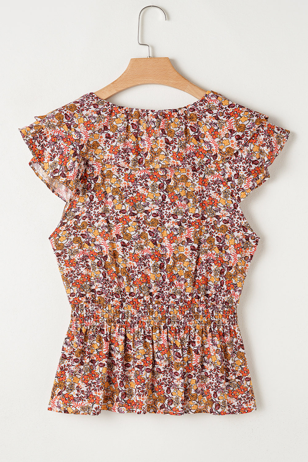 Red Floral Print Knot V Neck Ruffled Sleeve Blouse 🇺🇲