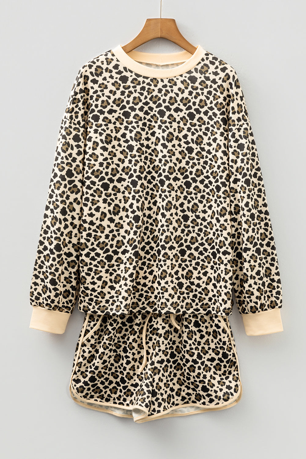 Brown Leopard Print Contrast Trim Long Sleeve Pullover Drawstring Shorts 2pcs Outfit 🇺🇸