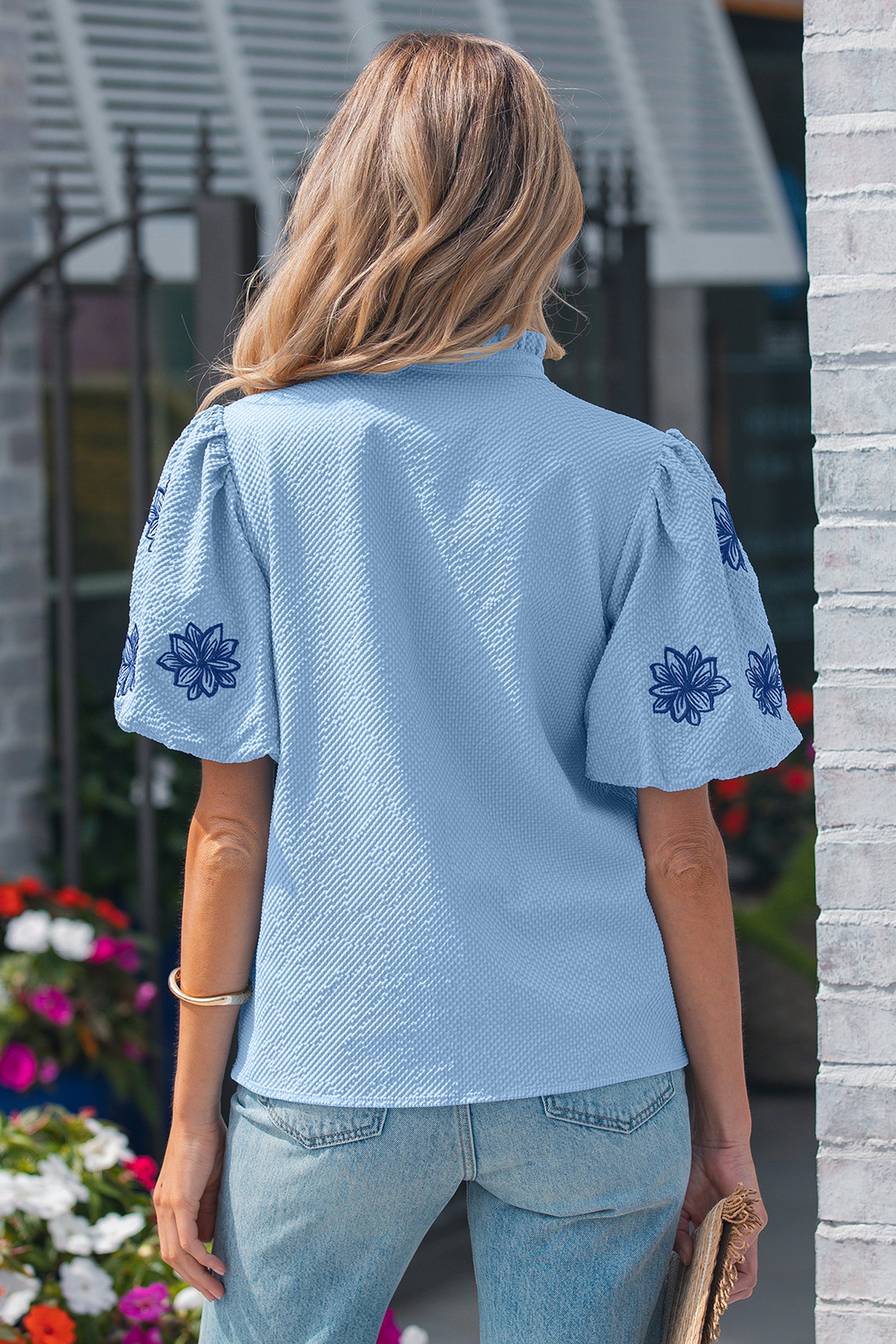 Beau Blue Flower Embroidered Puff Sleeve Split Neck Textured Blouse 🇺🇸