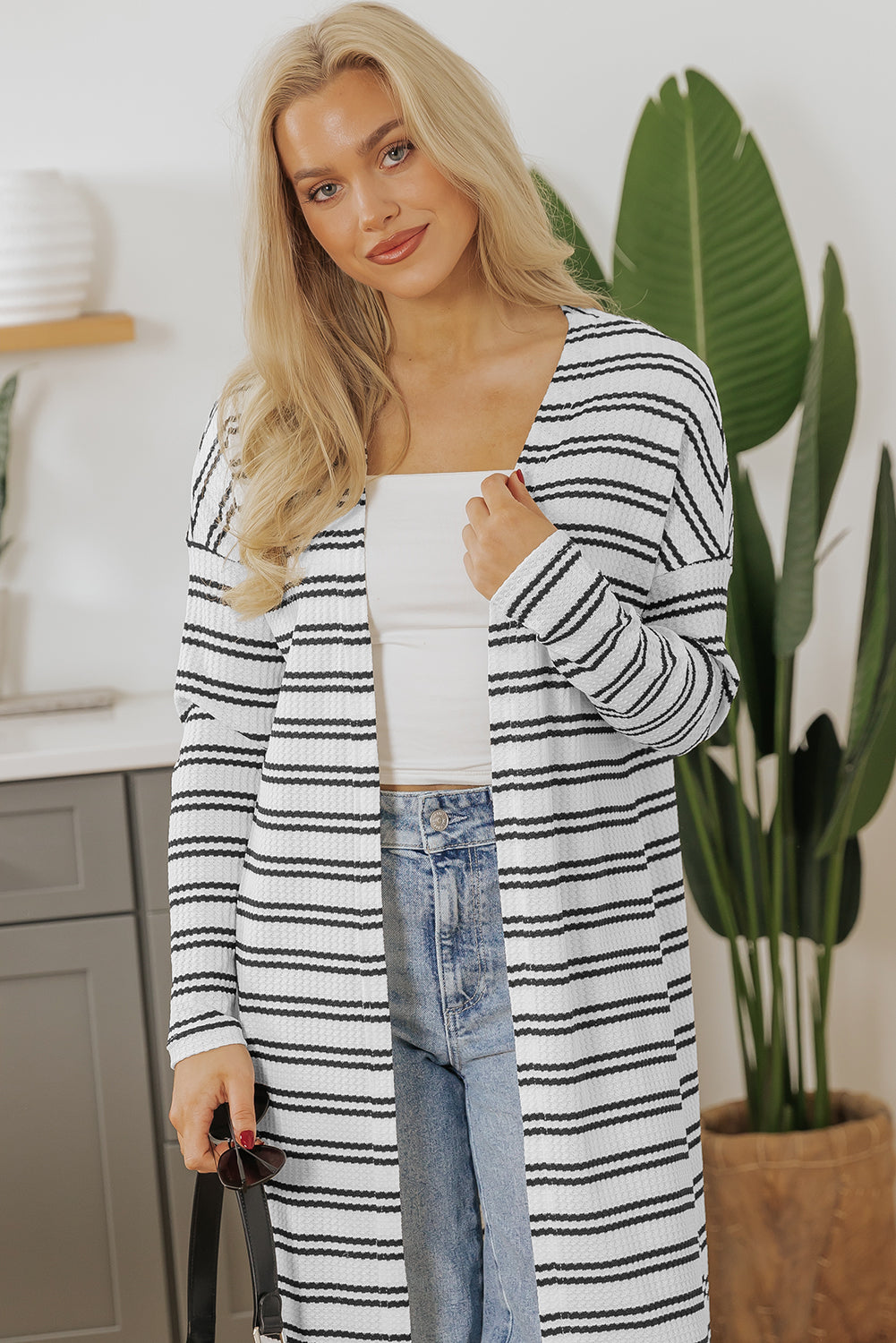 Black Stripe Print Open Front Duster Cardigan 🇺🇲