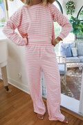 Pink Stripe Drop Shoulder Round Neck Top and Buttoned Straight Pants Two Piece Set 🇺🇸