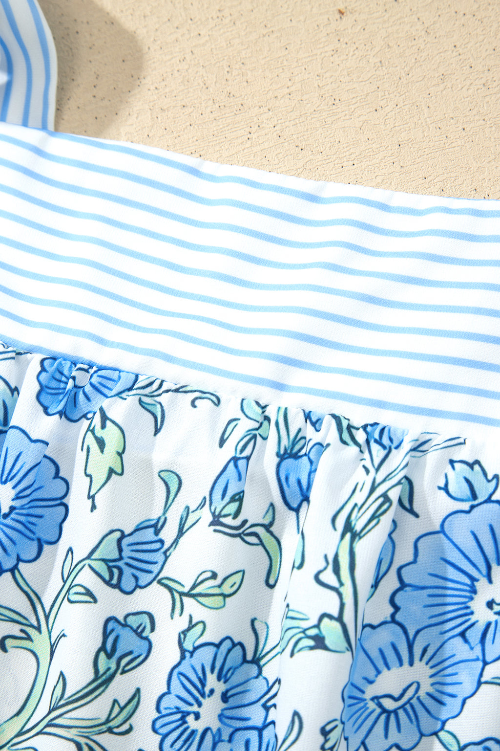 Sky Blue Floral Striped Patchwork Knot Straps 2pcs Short Set 🇺🇸