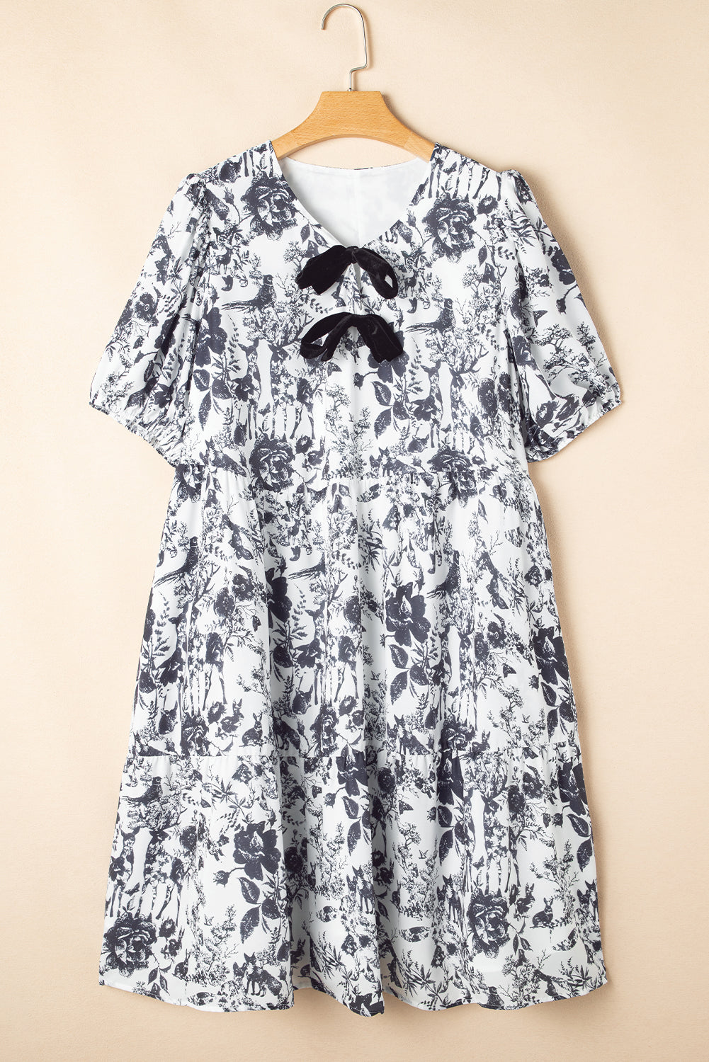 Black Floral Print Bow Detail Puff Sleeve Plus Size Midi Dress 🇺🇲