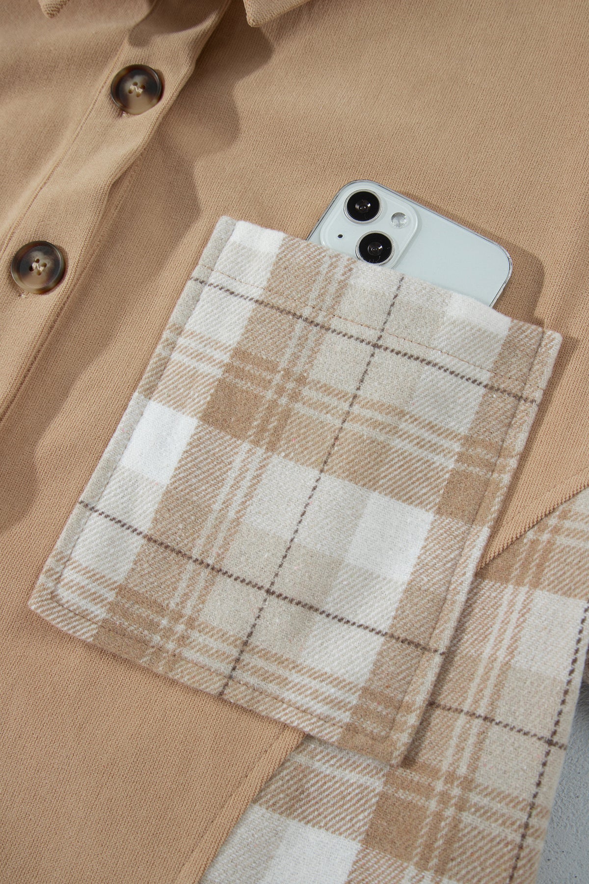 Light French Beige Plaid Colorblock Shirt Collar Shift Shacket 🇺🇸