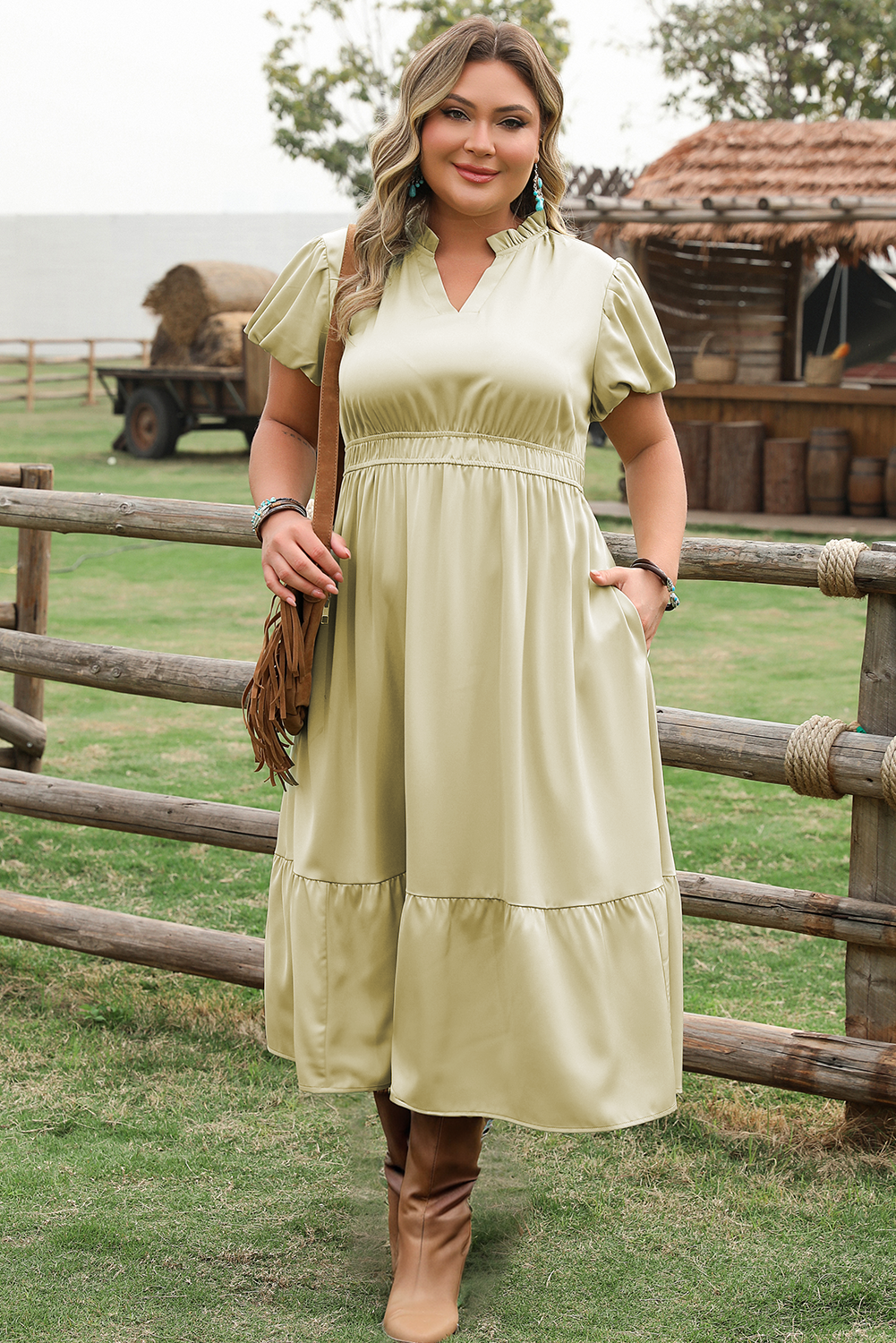Laurel Green Notched V Neck Puff Sleeve Tiered Plus Size Maxi Dress 🇺🇲