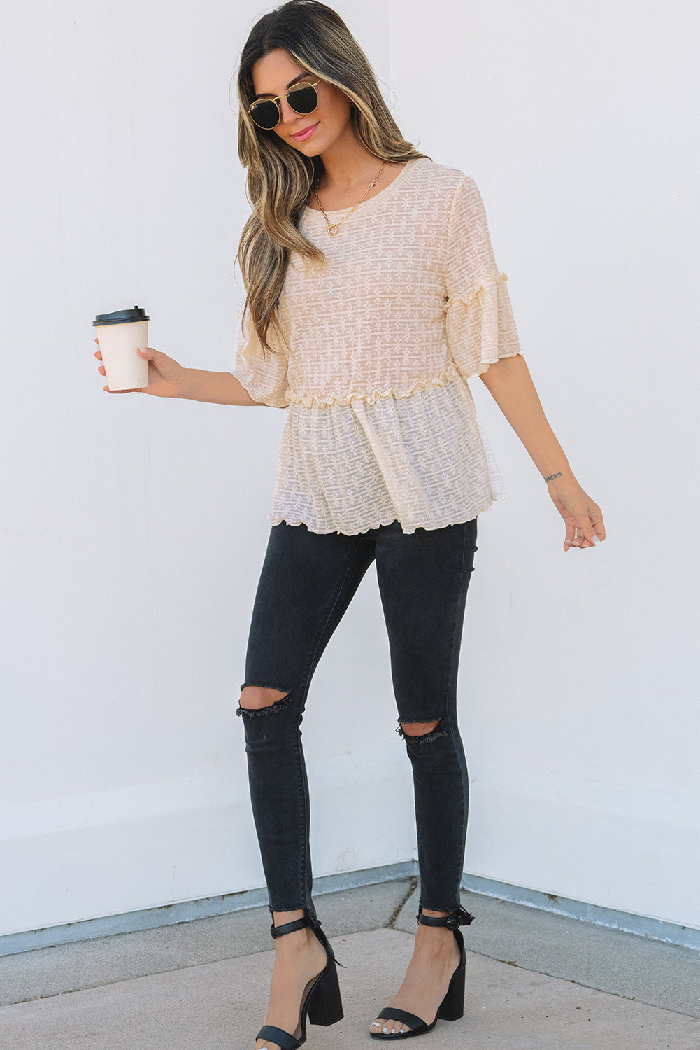 Beige Solid Color Textured Ruffled Short Sleeve Blouse 🇺🇸