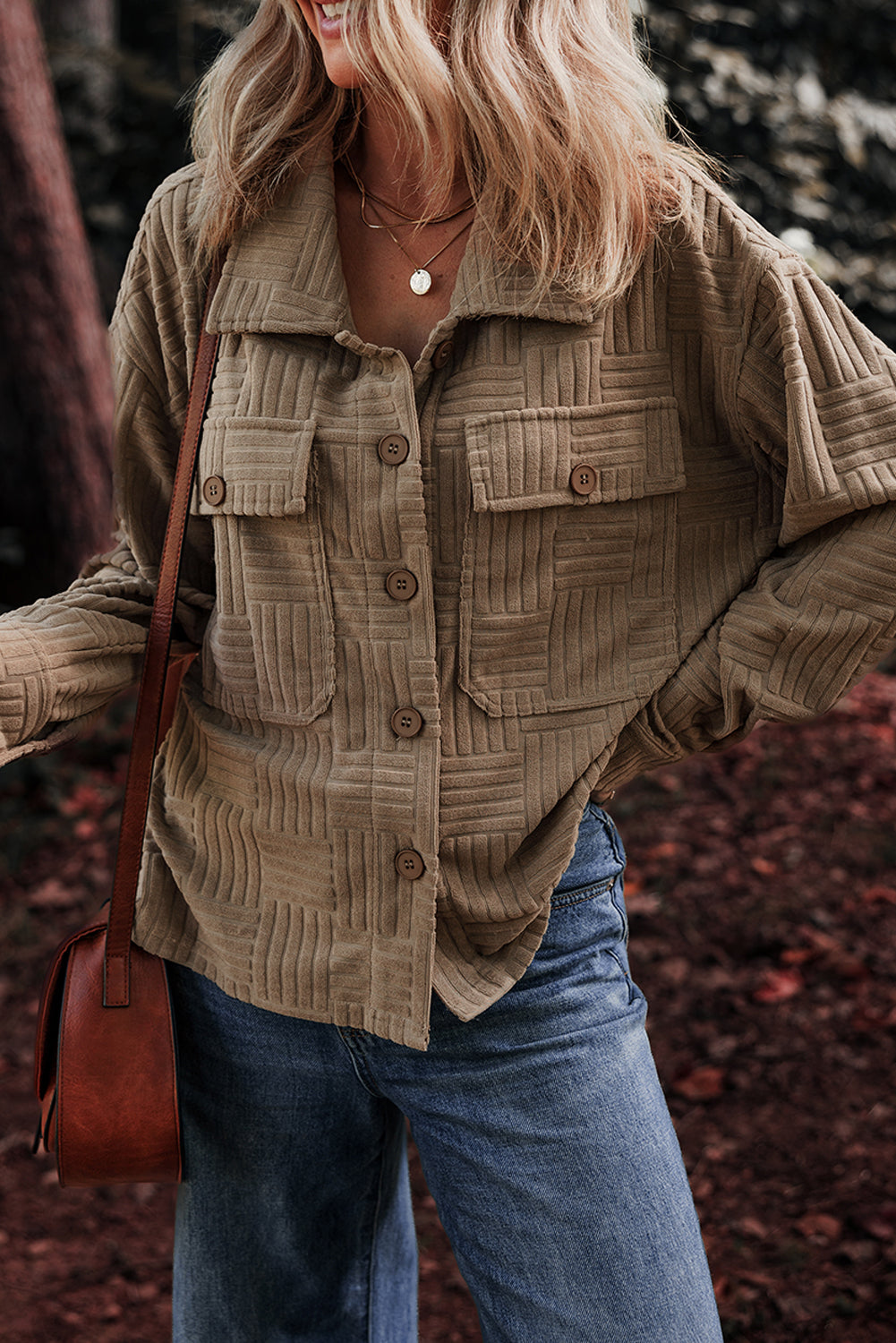 Dark Khaki Textured Chest Pocket Button-up Shacket 🇺🇸