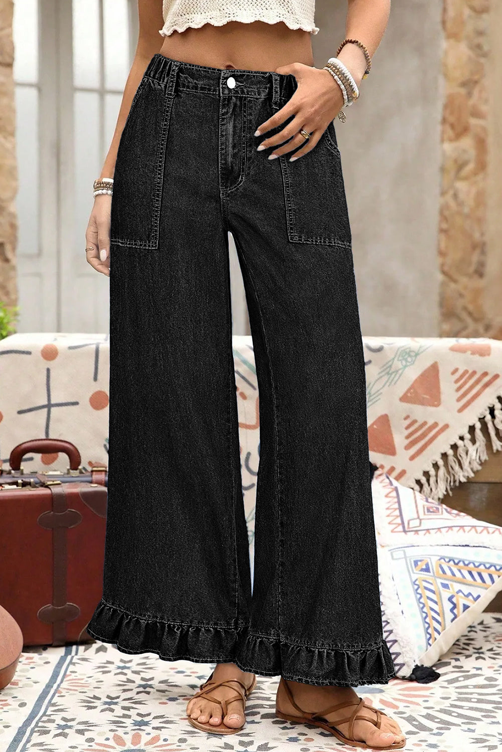 Black Plus Size Elastic Waist Ruffled Wide Leg Denim Pants 🇺🇸
