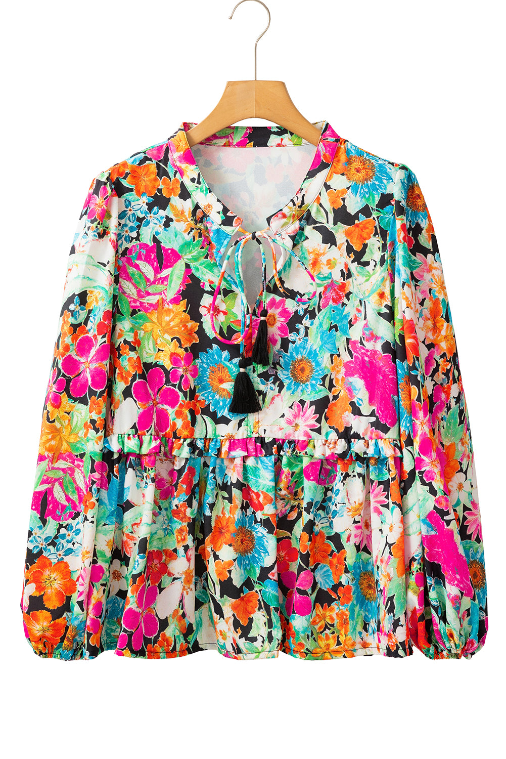 Multicolour Floral Print Bubble Sleeve V Neck Ruffled Blouse 🇺🇸