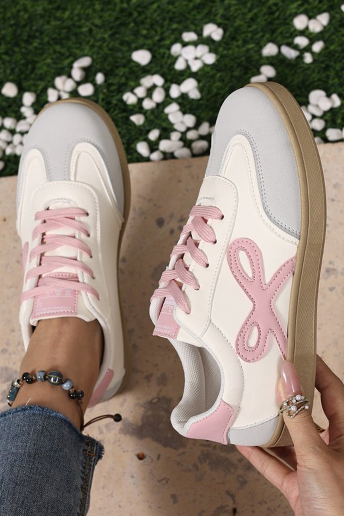 Pink Cute Bow Patch Color Block PU Leather Sneakers 🇺🇸