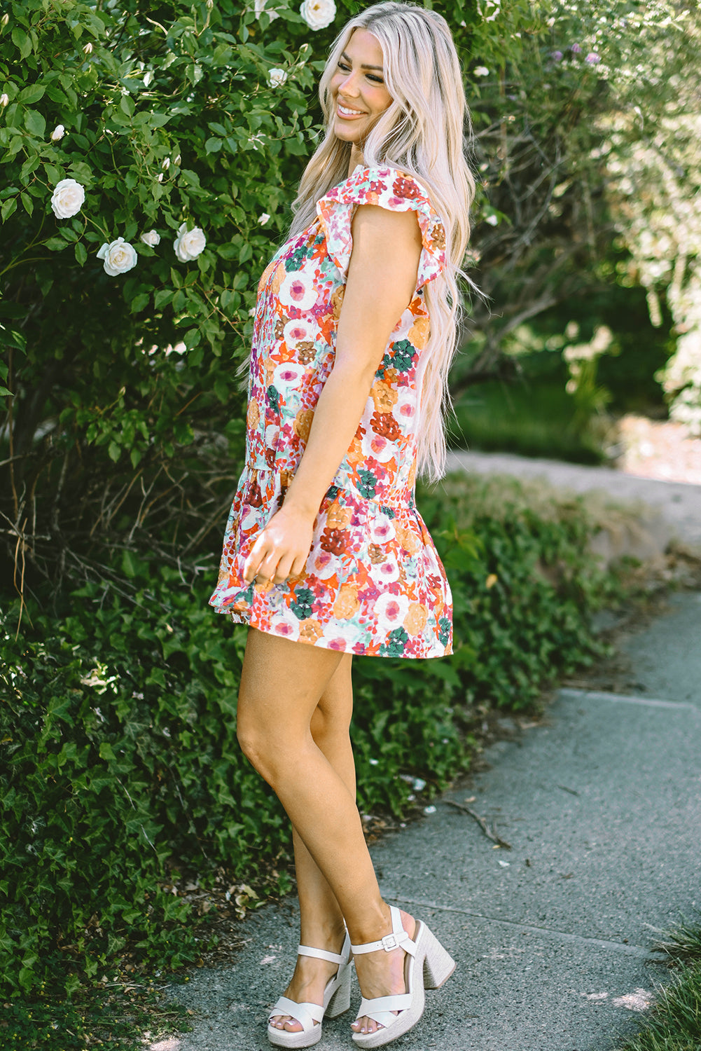 Purple Floral Print Split Neck Flutter Sleeve Dress 🇺🇸