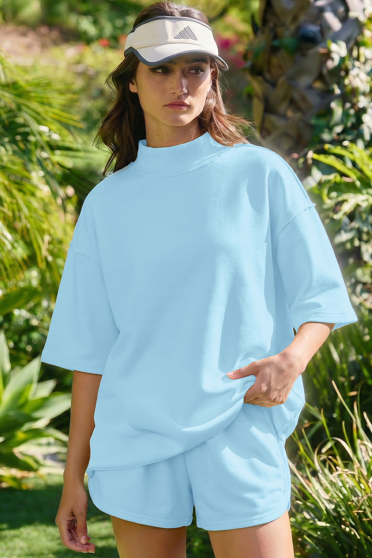 Mist Blue Solid Color Exposed Seam Mock Neck Oversize Tee Casual Shorts 2pcs Outfit 🇺🇸