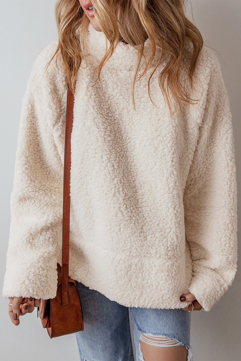 White Solid Fleece High Neck Drop Shoulder Pullover Sweatshirt 🇺🇸