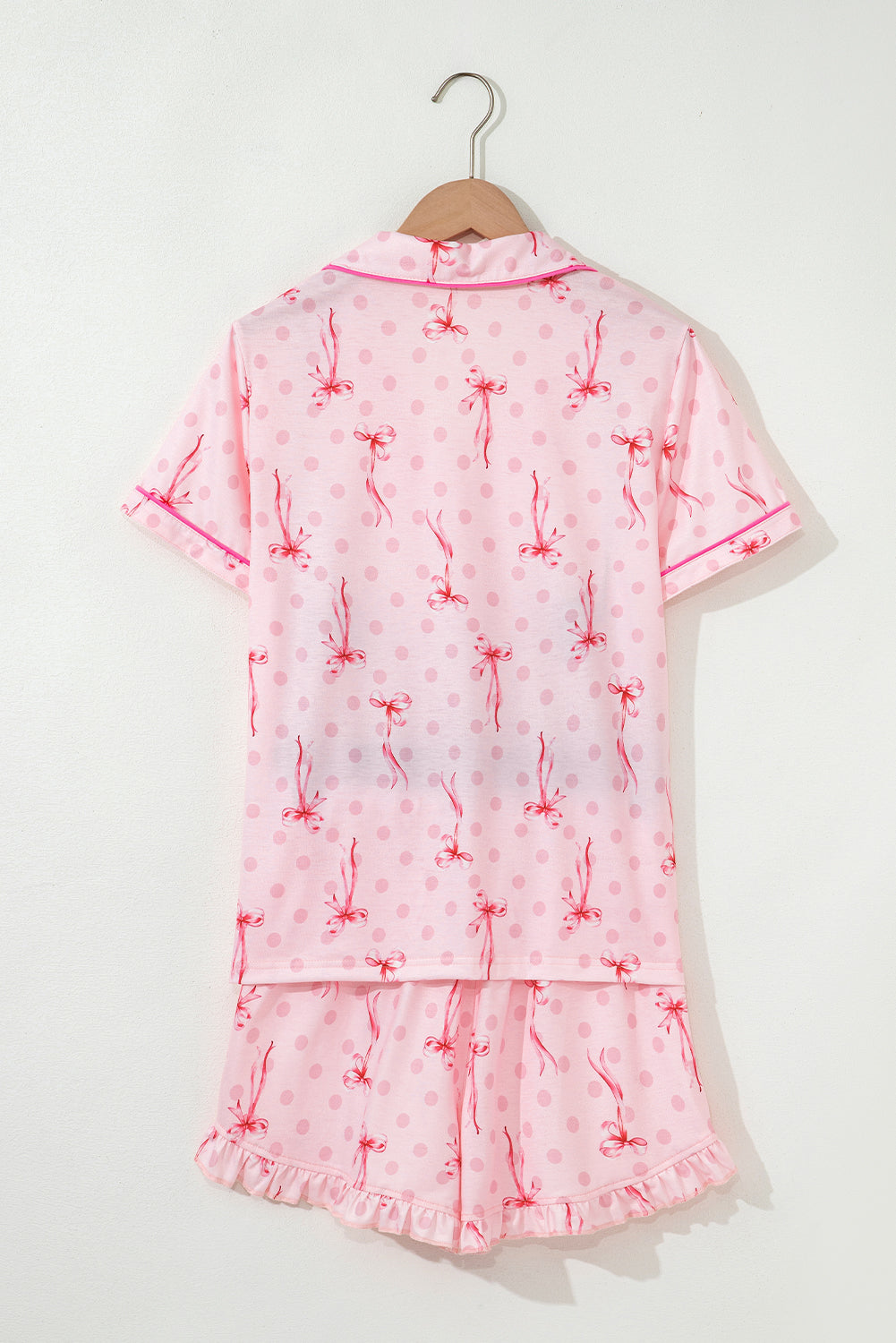 Pink Bow Print Contrast Pipping Short Pajamas Set 🇺🇸