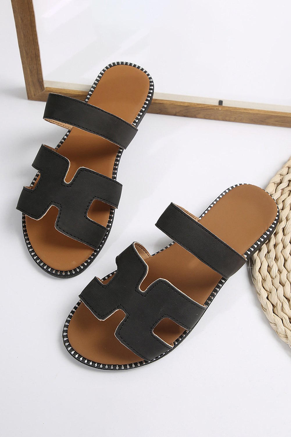 Black Cut Out H Shape Band PU Leather Slippers 🇨🇳
