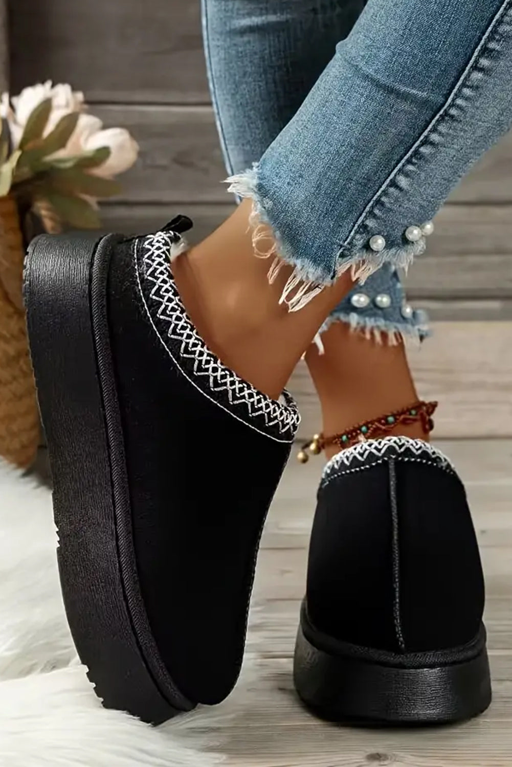 Black Contrast Print Suede Plush Lined Snow Boots 🇺🇸