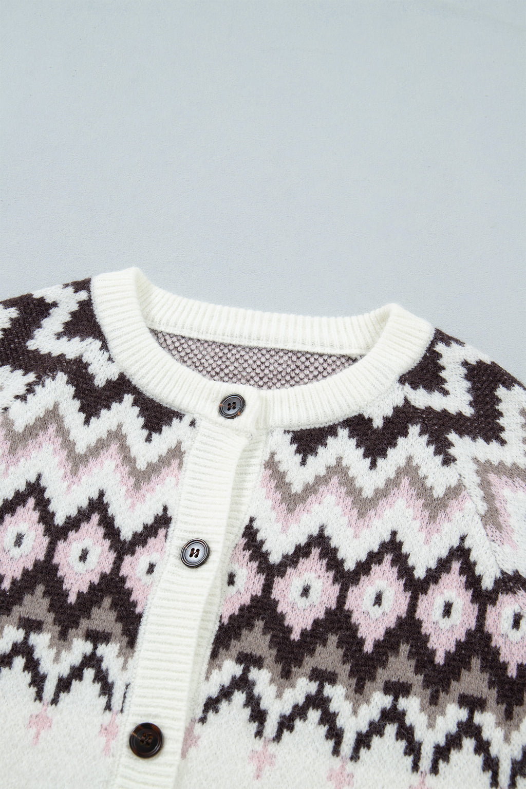 White Geometric Pattern Brushed Knit Button Cardigan 🇺🇸