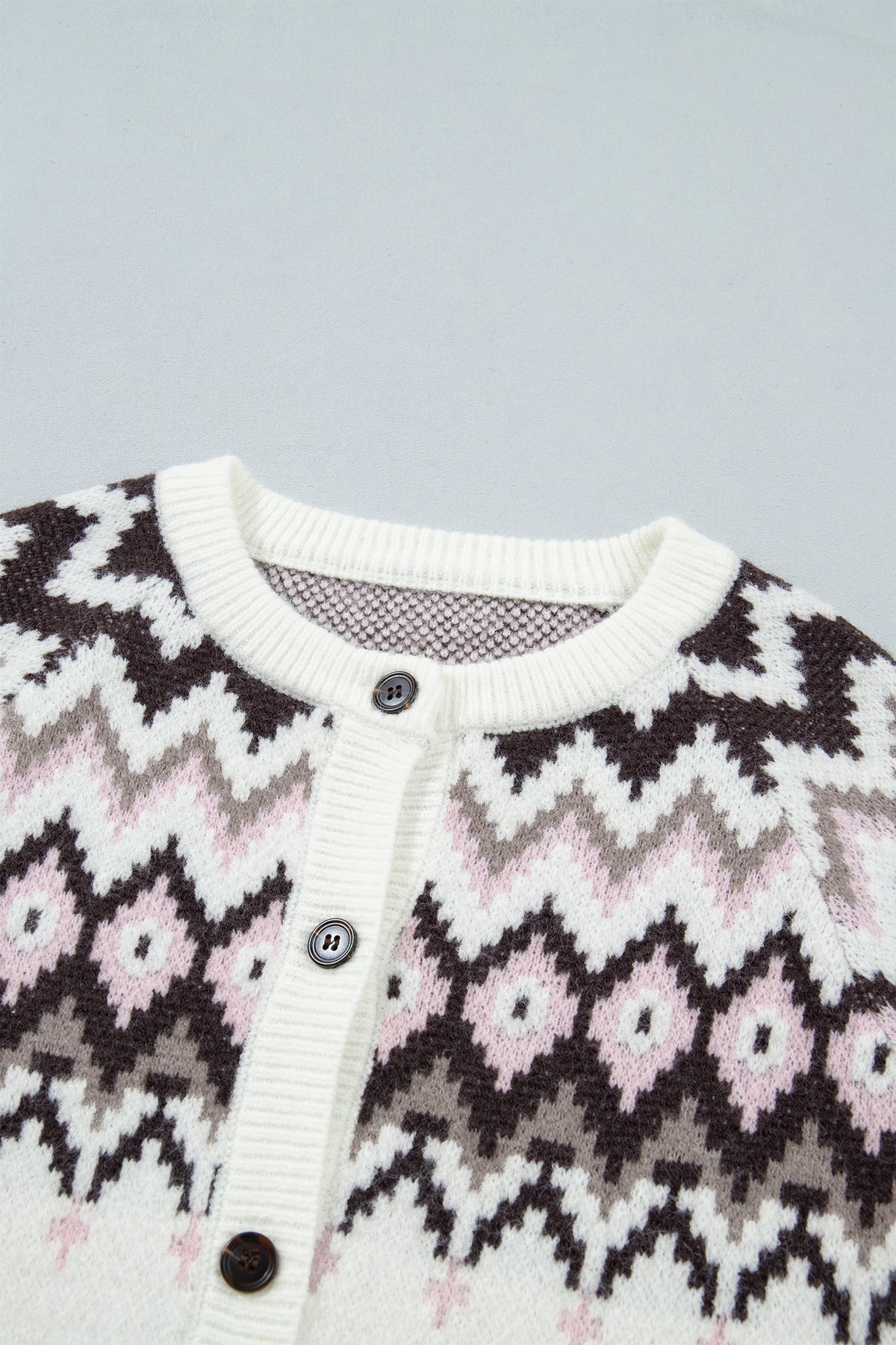 White Geometric Pattern Brushed Knit Button Cardigan 🇺🇸