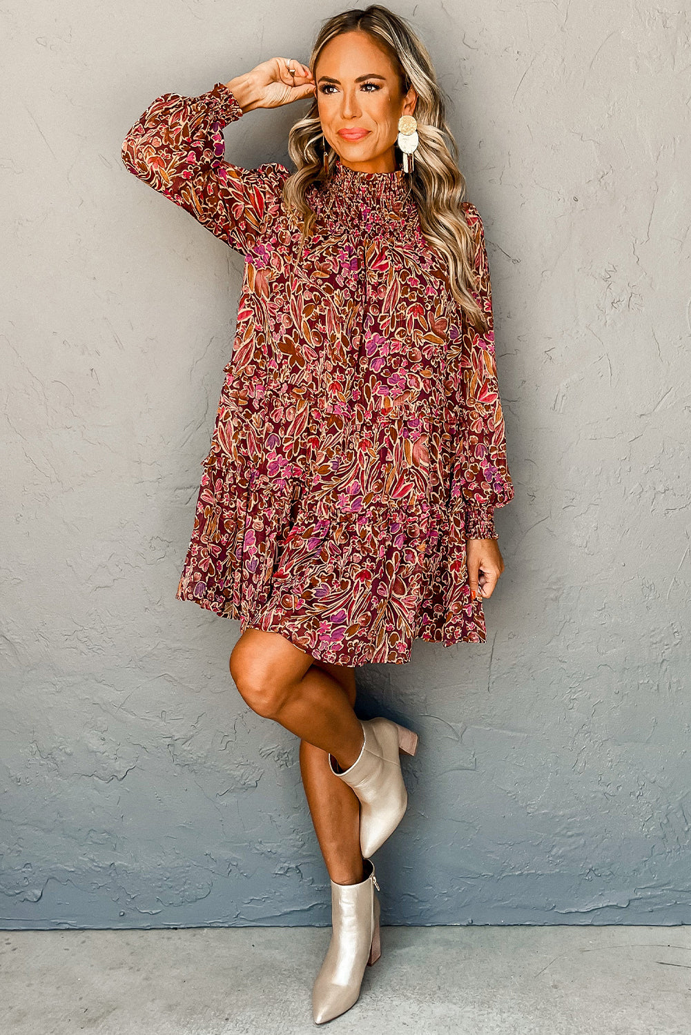 Red Floral Print Long Sleeve Shirred High Neck Loose Mini Dress 🇺🇸