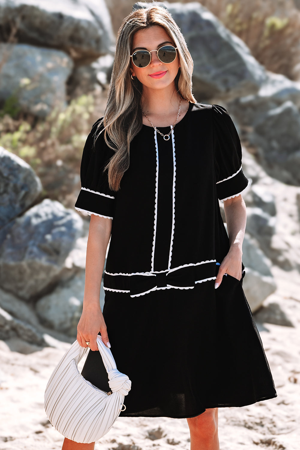 Black Contrast Scallop Trim Bow Detail Half Sleeve Shift Dress 🇨🇳