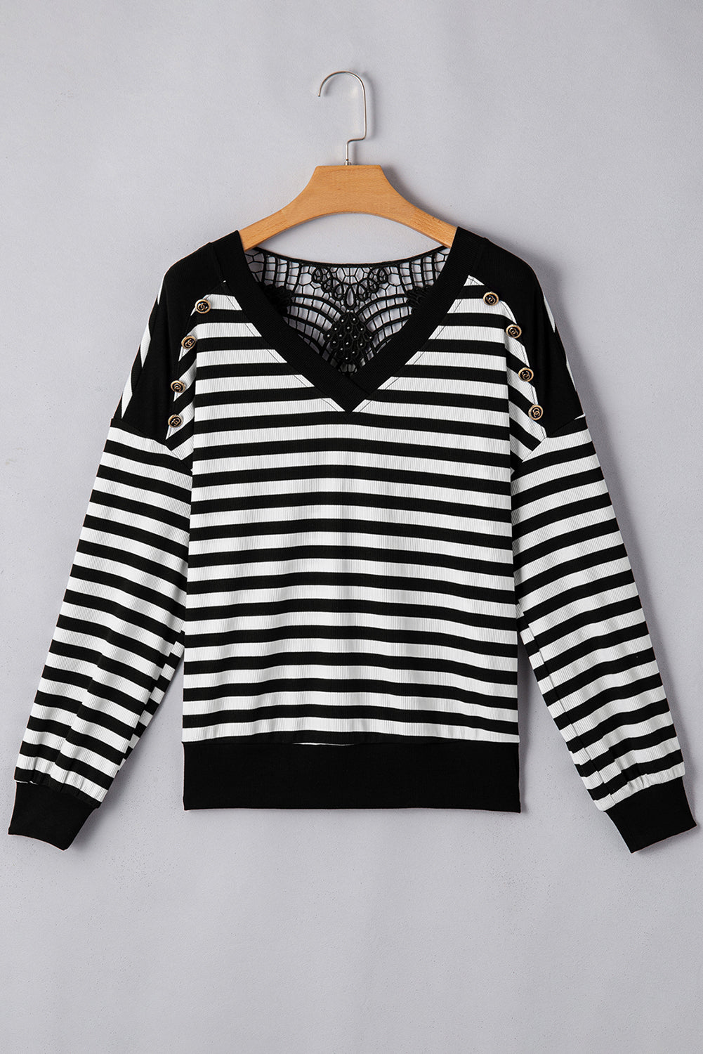 Black Stripe Crochet Hollow-out Back Buttoned Shoulder V Neck Top 🇺🇸