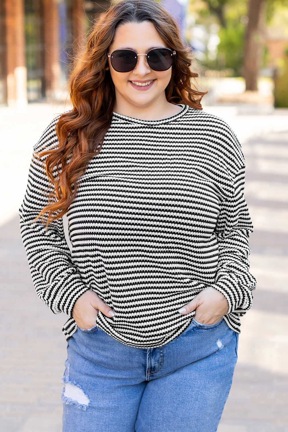 Black Stripe Drop Shoulder Puff Long Sleeve O Neck Plus Size T Shirt 🇨🇳