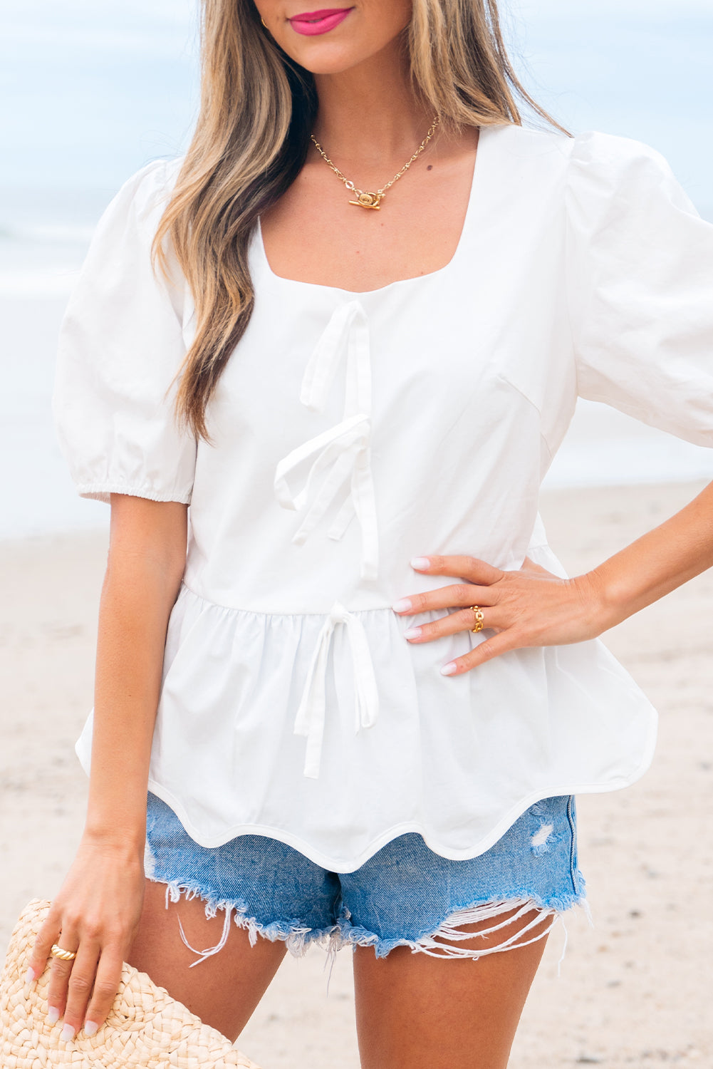White Bow Knot Decor Square Neck Puff Sleeve Peplum Top 🇨🇳