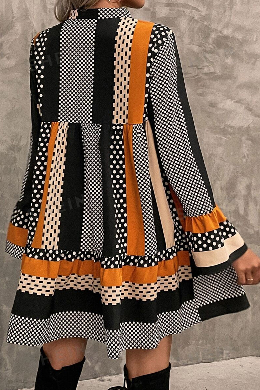Black Striped Polka Dot Print Ruffled Hem V Neck Mini Dress 🇺🇸