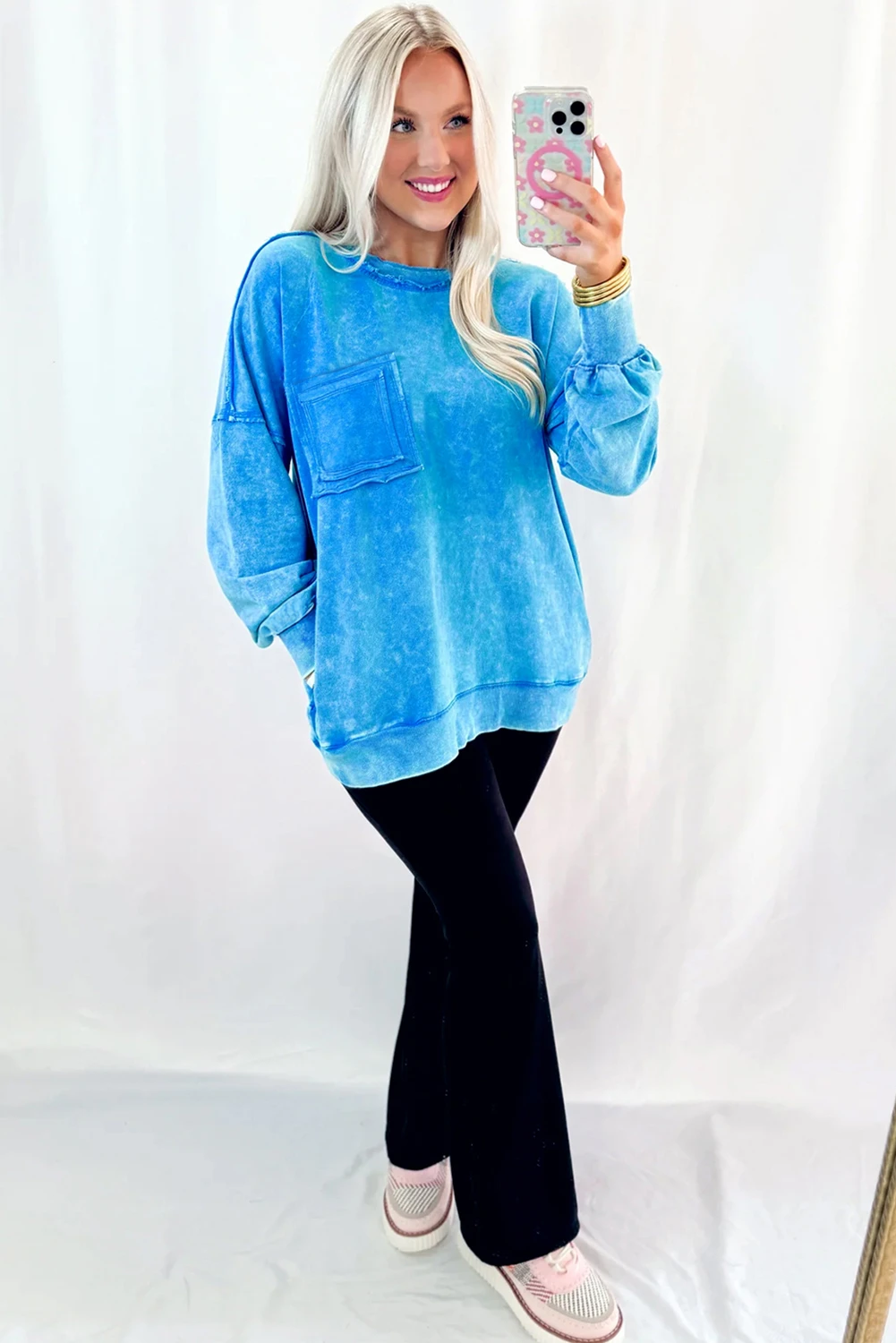 Blue Mineral Wash Raw Seam Double Patched Pocket Pullover Sweatshirt 🇺🇸