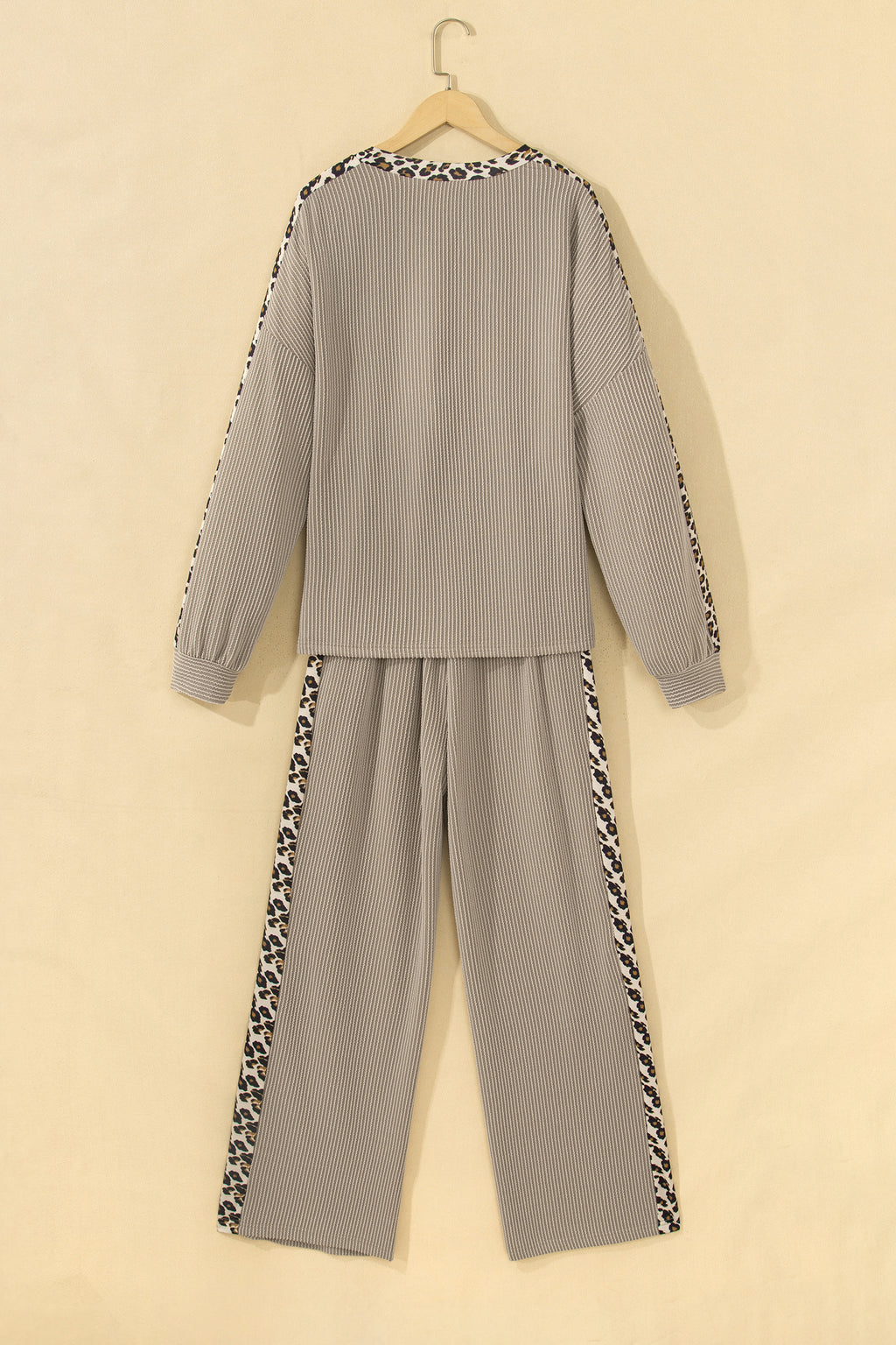 Simply Taupe Cozy Ribbed Patchwork Leopard Trim Long Sleeve 2pcs Pant Set 🇺🇸