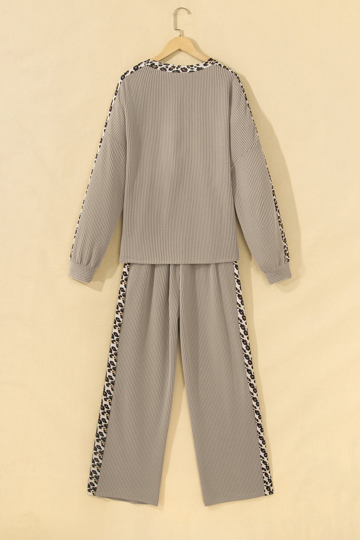 Simply Taupe Cozy Ribbed Patchwork Leopard Trim Long Sleeve 2pcs Pant Set 🇺🇸