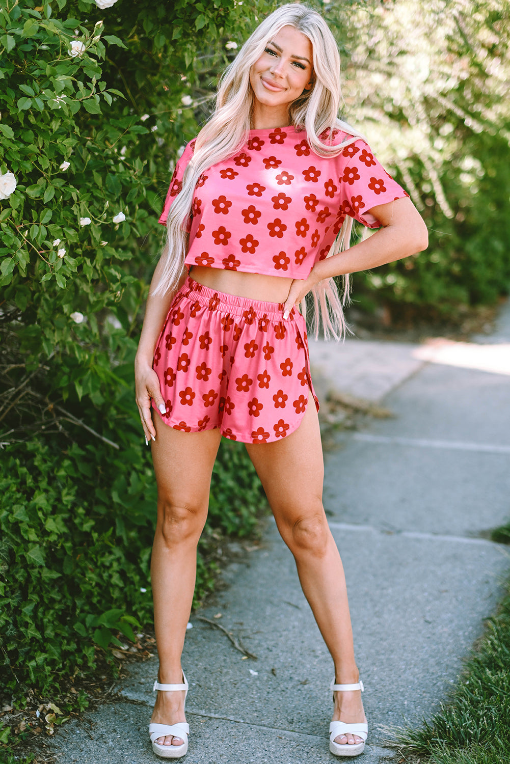 Rose Floral Print Crop Tee and Shorts Lounge Set 🇨🇳