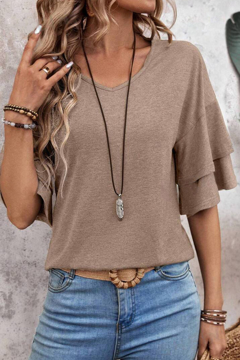 DUNE Solid Colour V-Neck Double Layer Sleeve Loose T-Shirt 🇺🇲