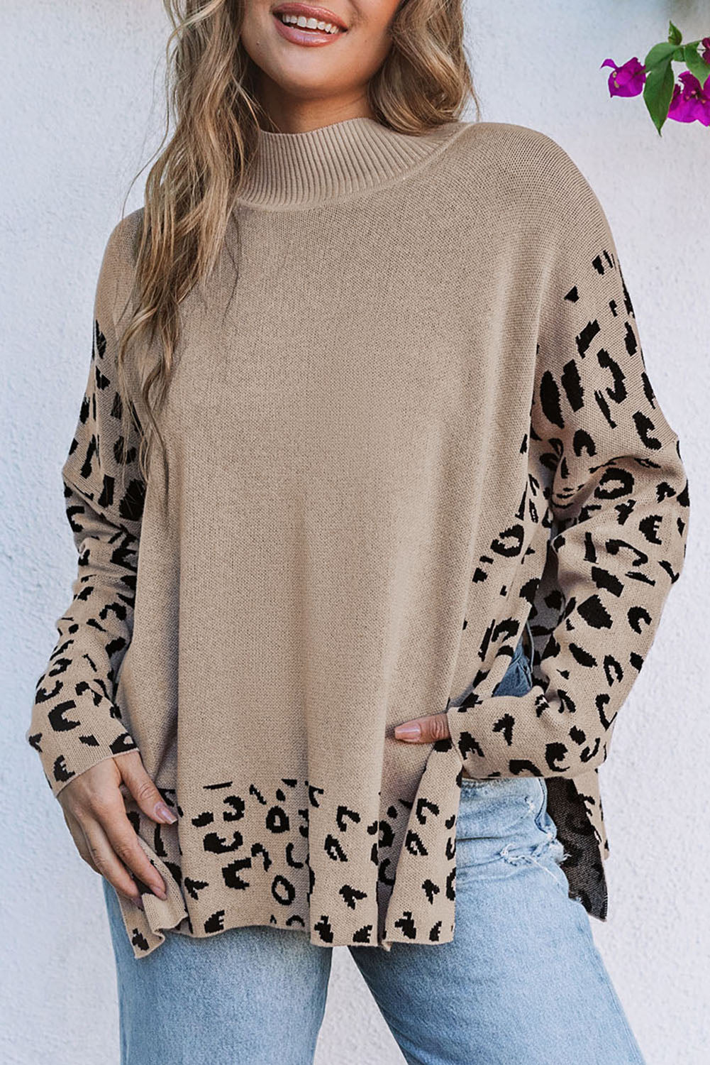 Khaki Leopard High Neck Side Slit Oversized Sweater 🇺🇸