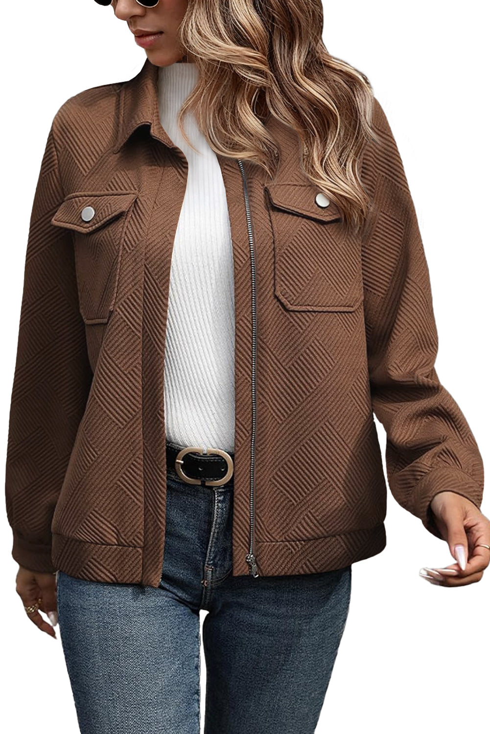 Coffee Solid Color Zip Up Button Flap Pocket Shirt Collar Jackets 🇺🇸