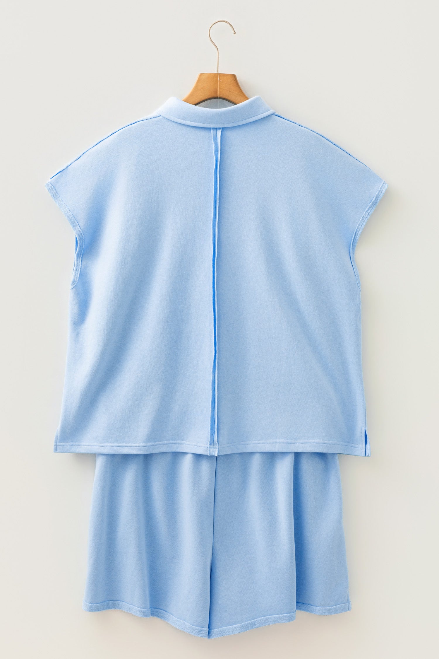 Mist Blue Solid Color Polo Tee Elastic Waist Shorts Plus Size Outfit 🇺🇸