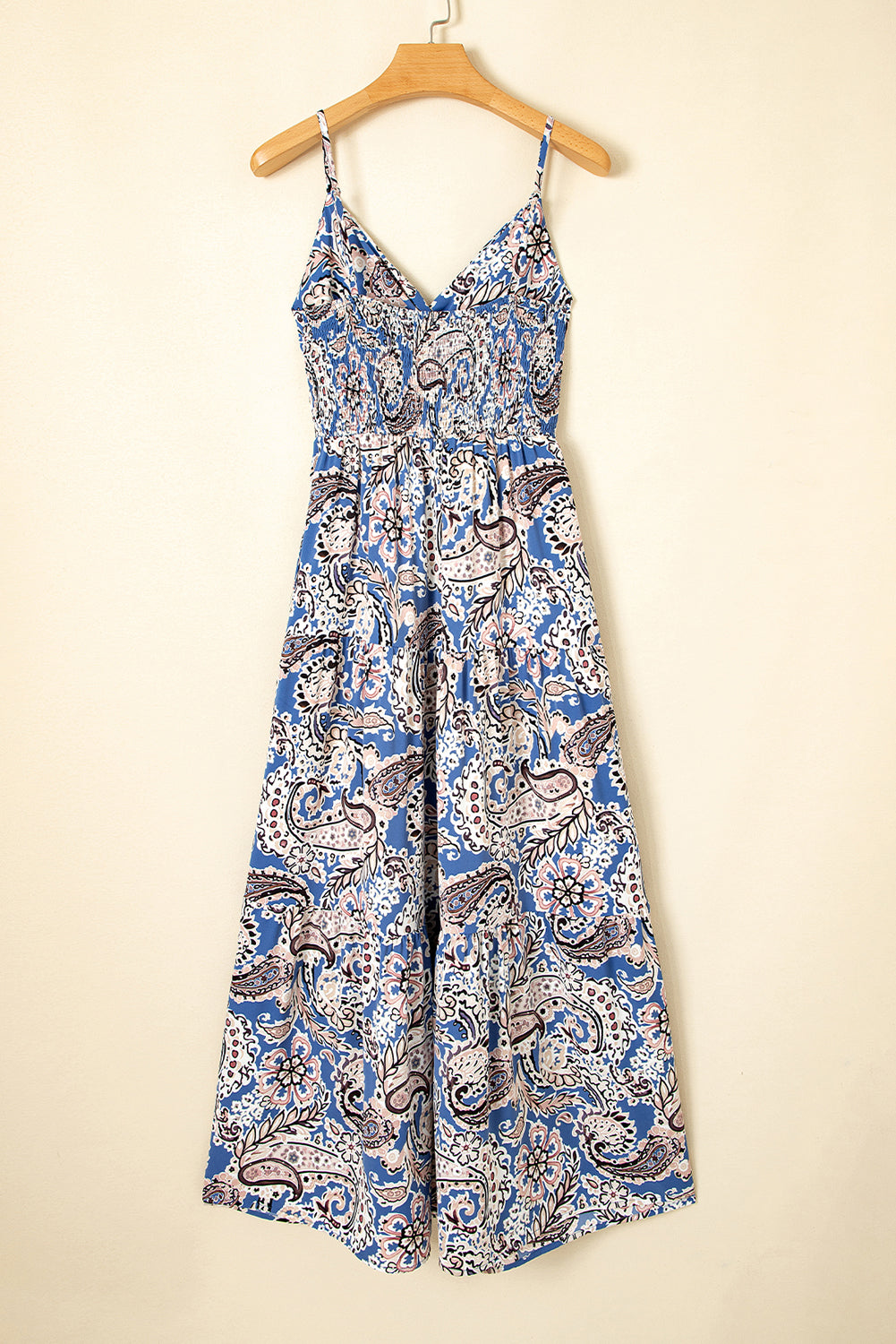 Blue Paisley Print Twist Detail Smocked Back Spaghetti Straps Long Dress 🇨🇳