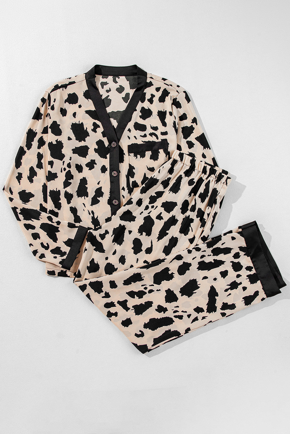 Khaki Cheetah Contrast Trim Loose Fit Two Piece Sleepwear 🇺🇸
