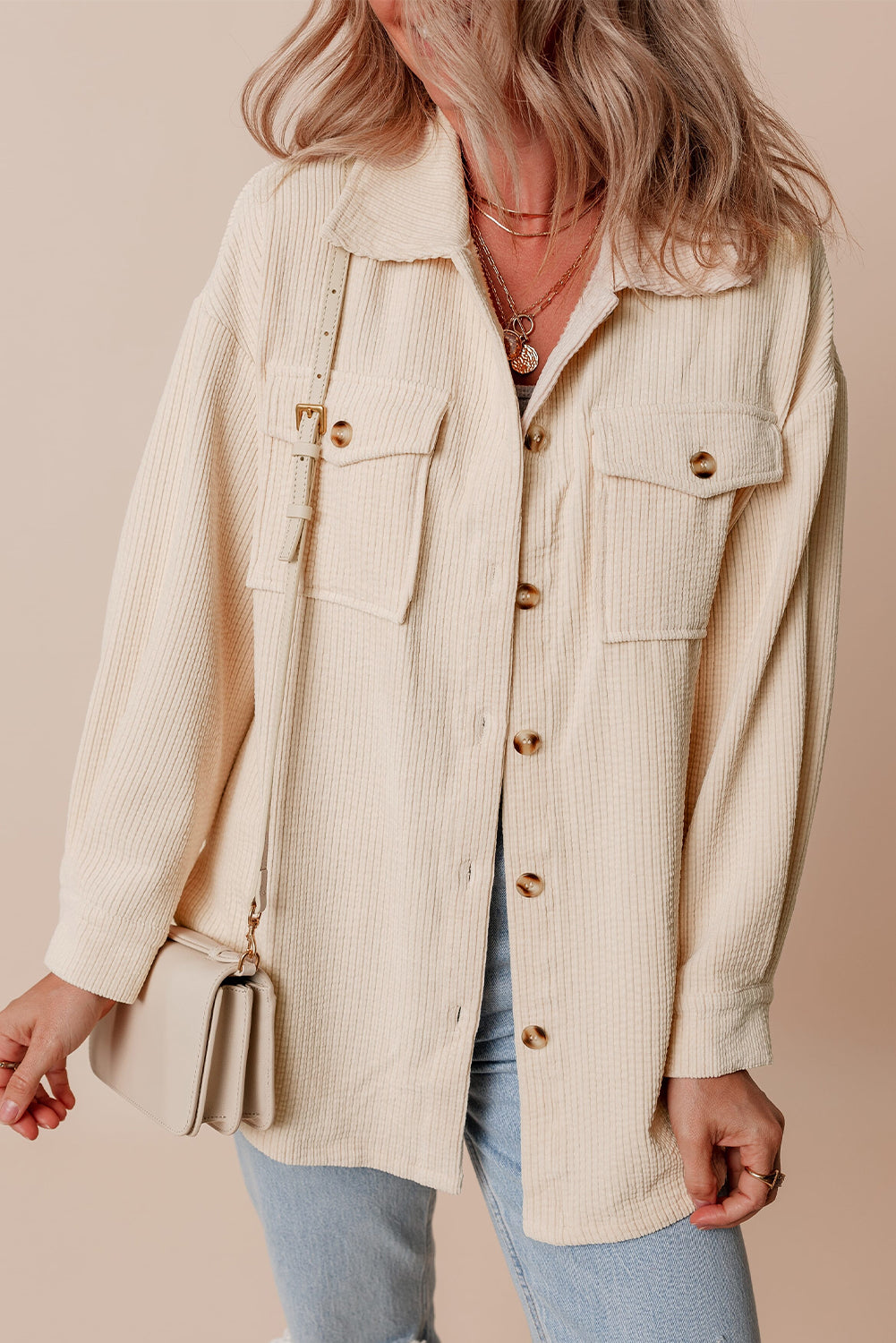 Oatmeal Corduroy Flap Pocket Button Up Shacket 🇺🇲