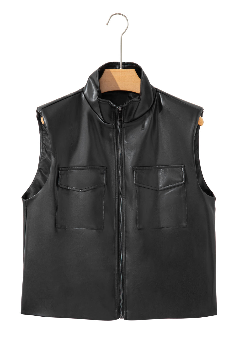 Black Double Flap Pocket Faux Leather Zip Up Stand Neck Vest 🇺🇸