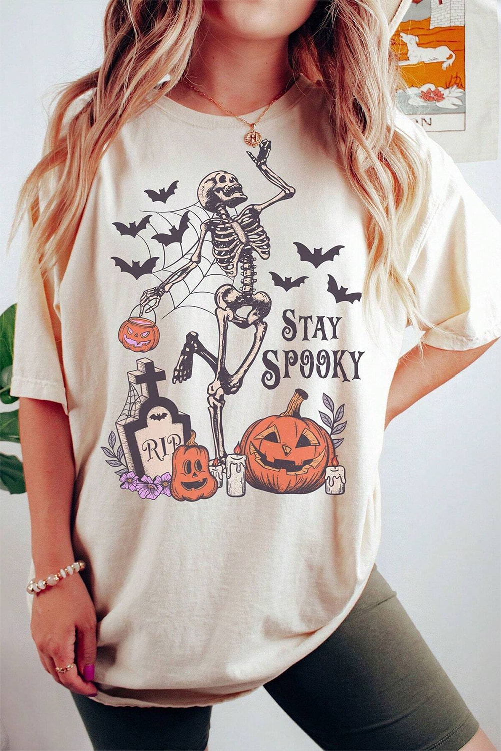White Skull Pumpkin Face STAY SPOOKY Graphic Halloween T Shirt 🇺🇸