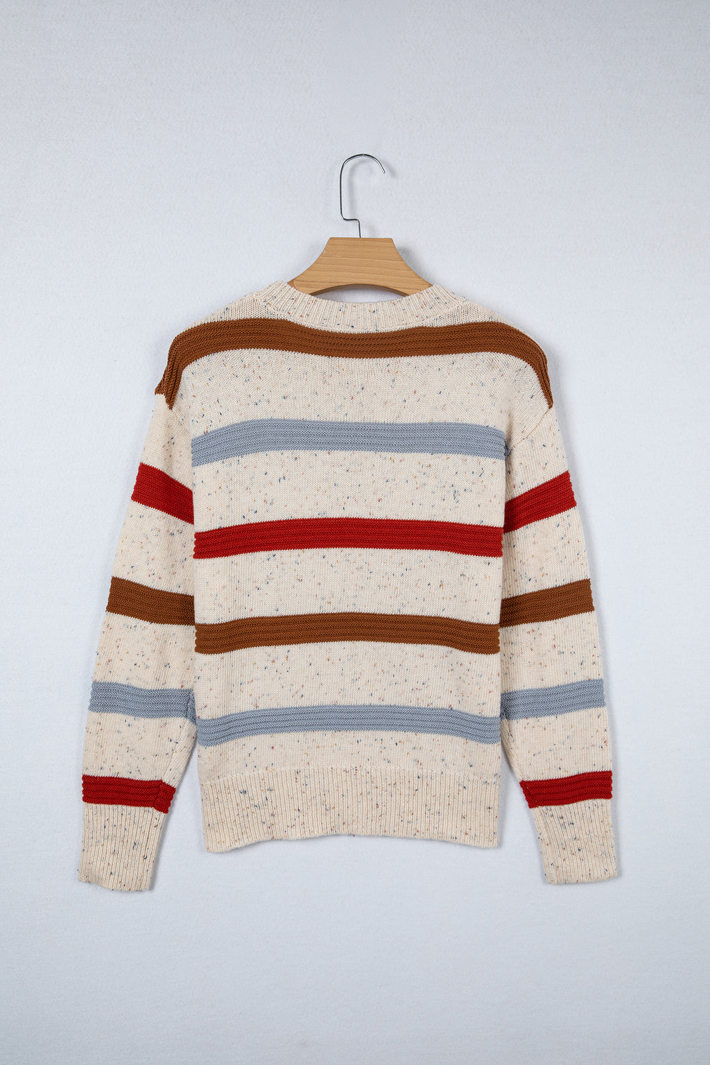 Beige Stripe Exposed Seam Drop Shoulder Heathered Knit Sweater 🇺🇸