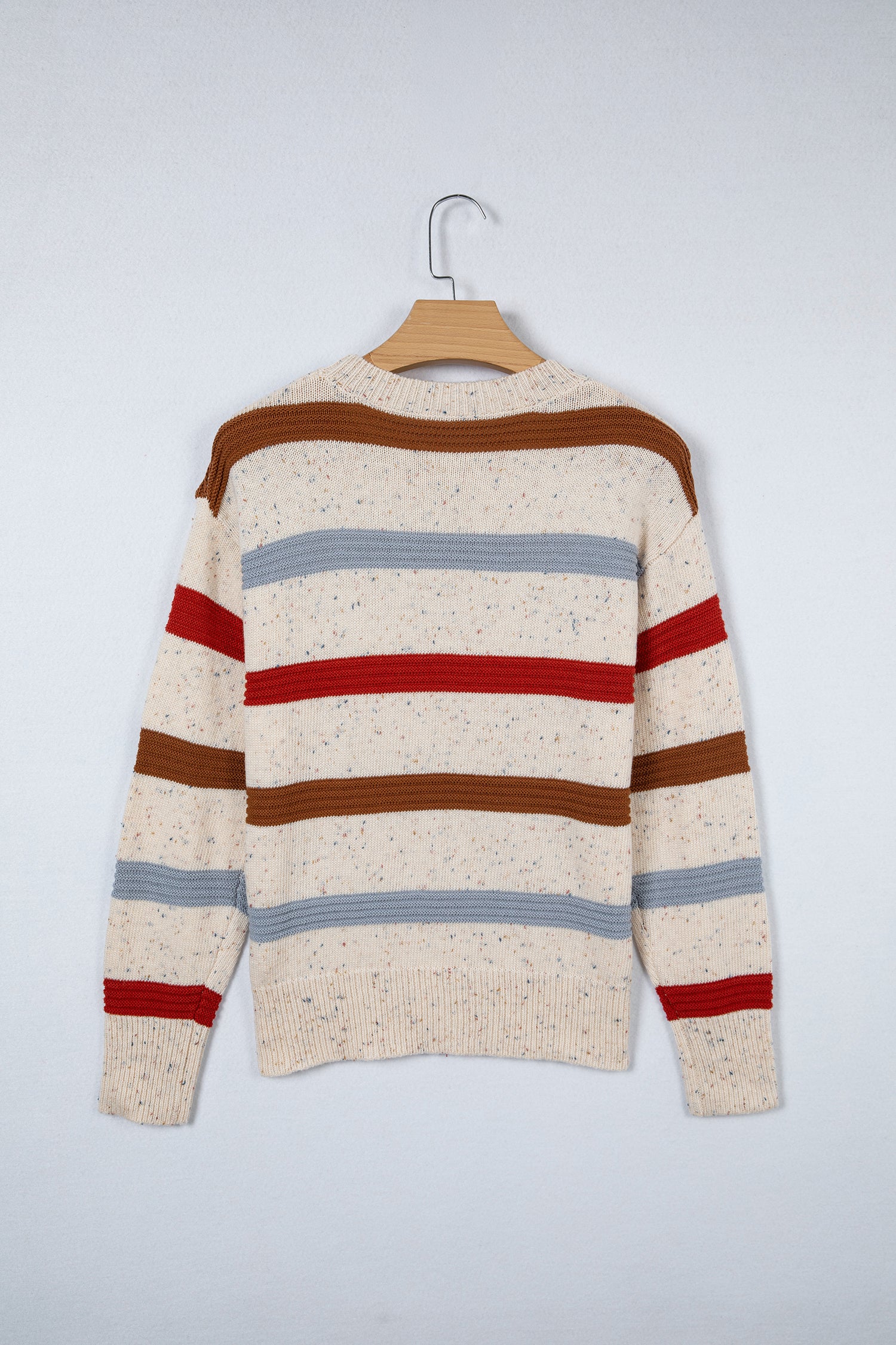 Beige Stripe Exposed Seam Drop Shoulder Heathered Knit Sweater 🇺🇸