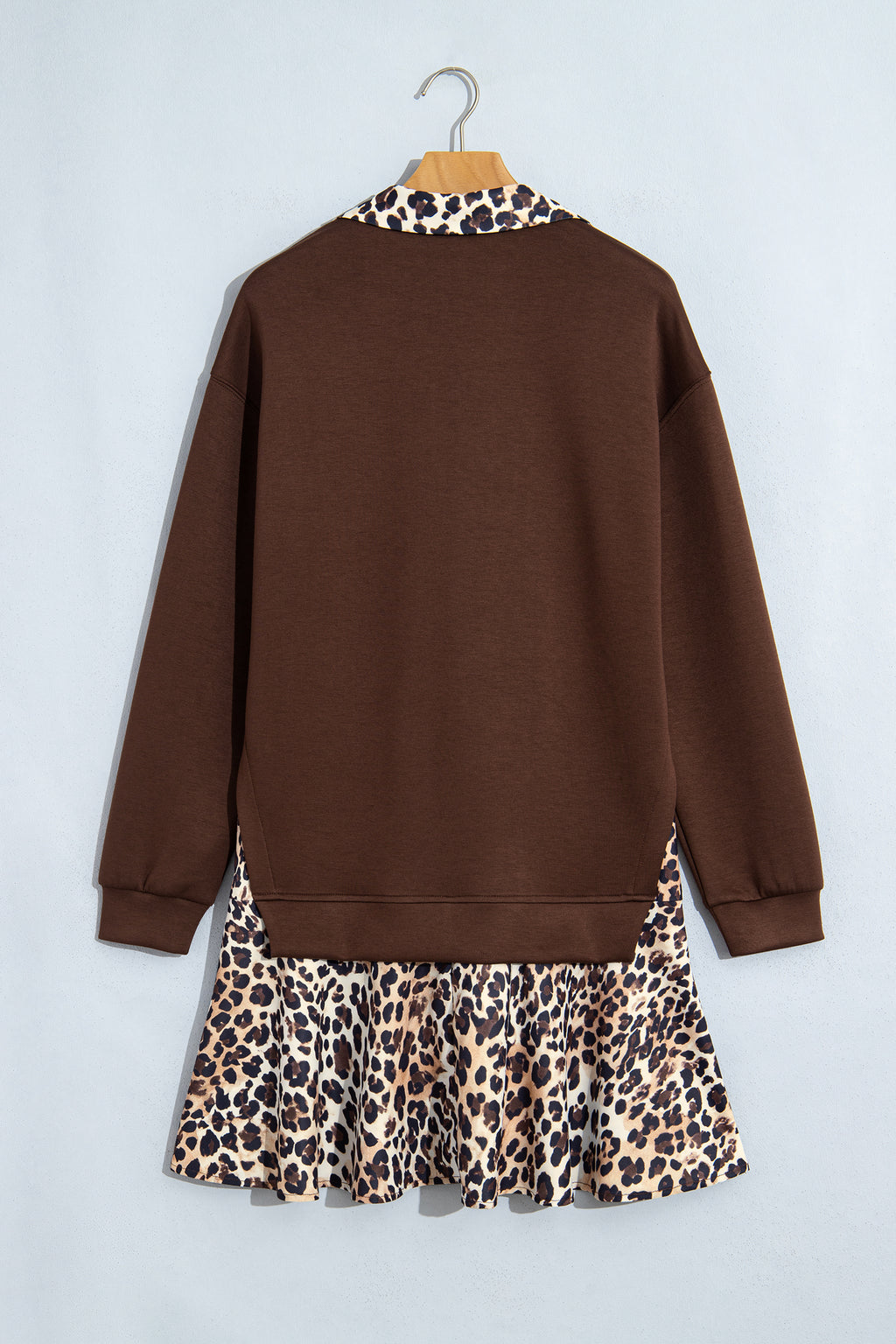 Coffee Leopard Patchwork Collar Long Sleeve Dress 🇺🇸
