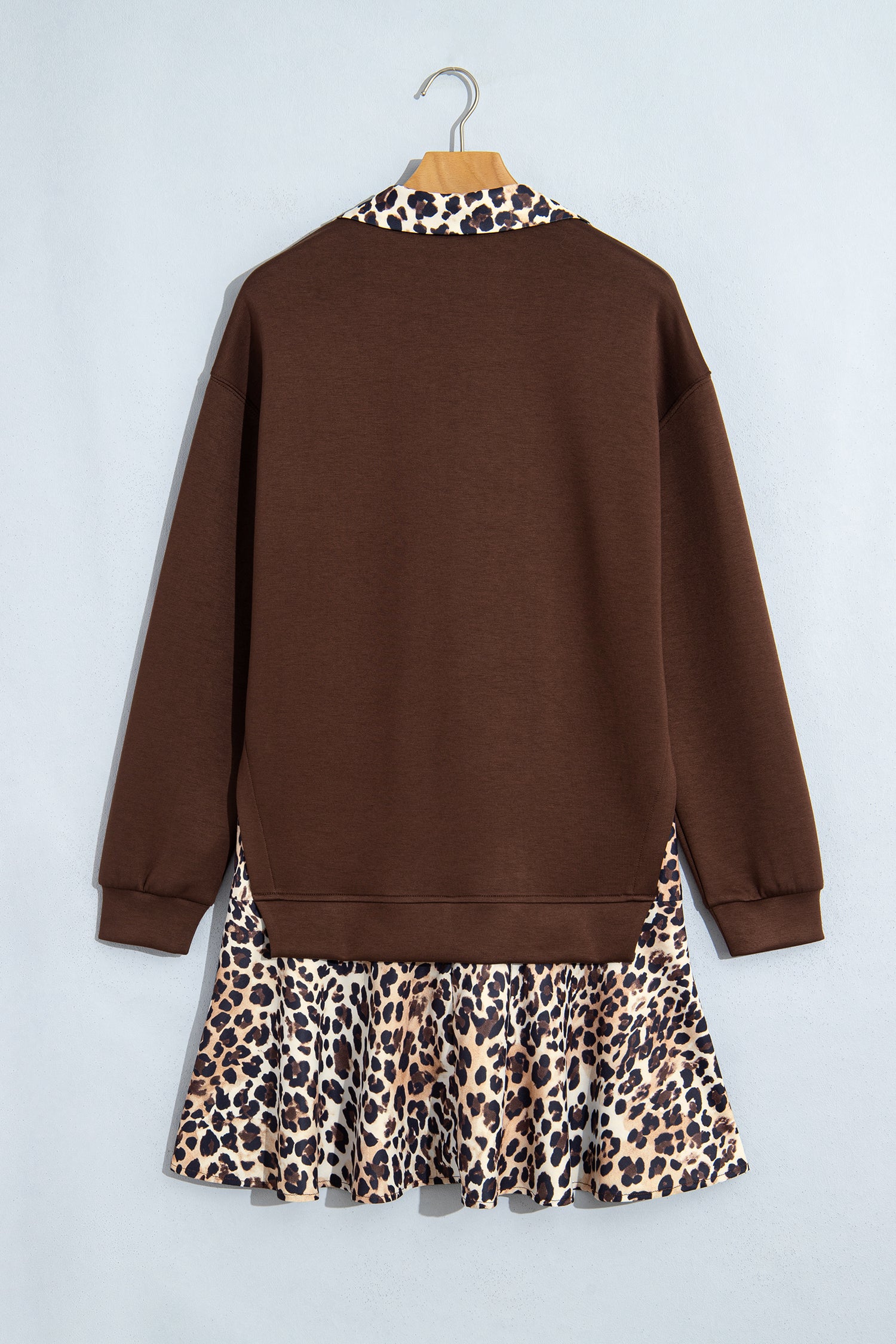 Coffee Leopard Patchwork Collar Long Sleeve Dress 🇺🇸
