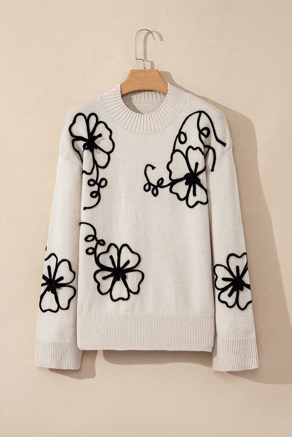 Beige Flower Stitching Mock Neck Sweater 🇺🇸
