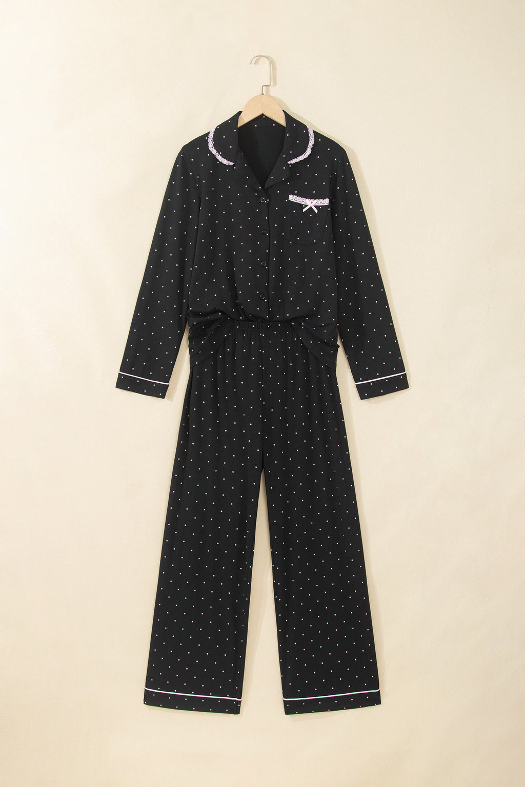 Black Polka Dot Long Sleeve Shirt Lace Detail Two Piece Pajama Pant Set 🇺🇸